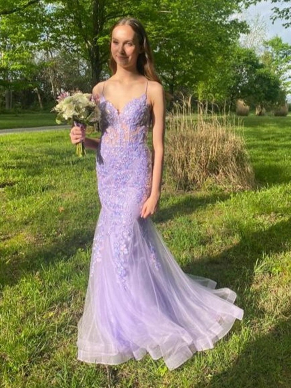 PromGirl Lavender Lace Appliqué Mermaid Prom Dress